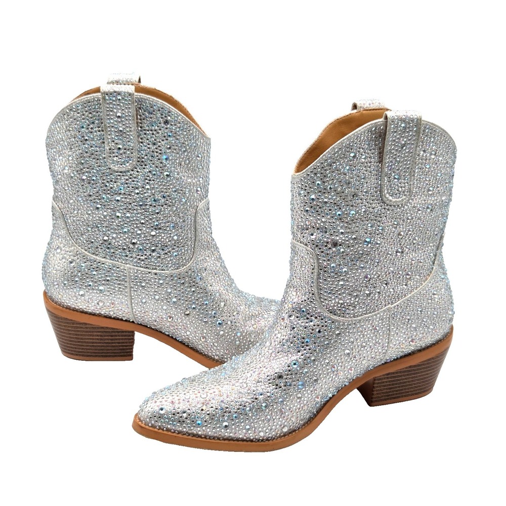 Silver Rhinestone Western Cowboy Ankle Boots Pointed Toe Chunky Heel Size 6